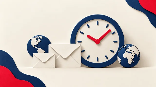 Clock, envelopes, and geographic shapes illustrating regional schedules.