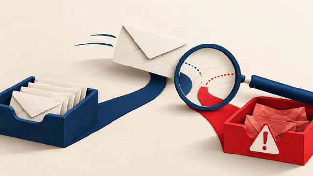 Illustration of an envelope route splitting between an inbox and a warning tray under a magnifying glass.