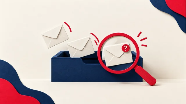 Envelopes entering a paper mail tray, with a magnifying glass indicating an uncertain recipient.
