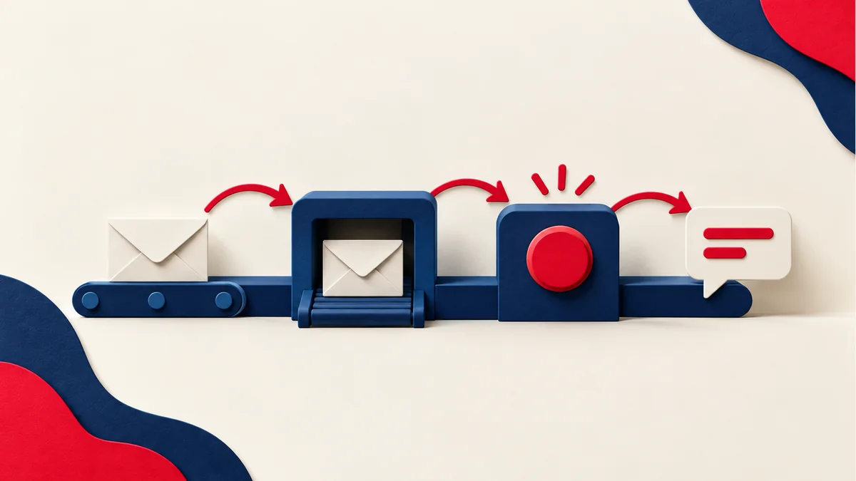 An envelope passing through workflow stations beside a stop control.