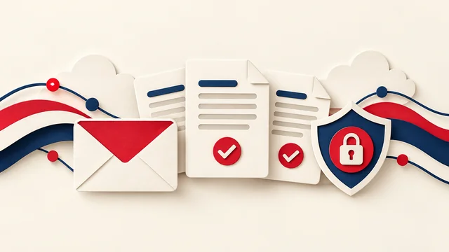 Paper-cut illustration of an envelope, legal documents, and a privacy shield.