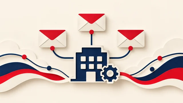 Paper-cut illustration of a business domain hub connected to mailbox envelopes.