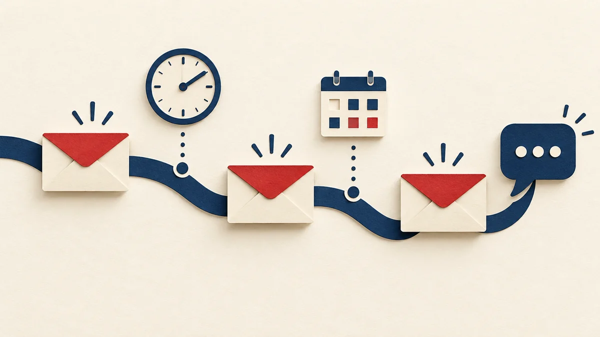 Paper illustration of three envelopes on a path with a clock, calendar, and reply bubble.