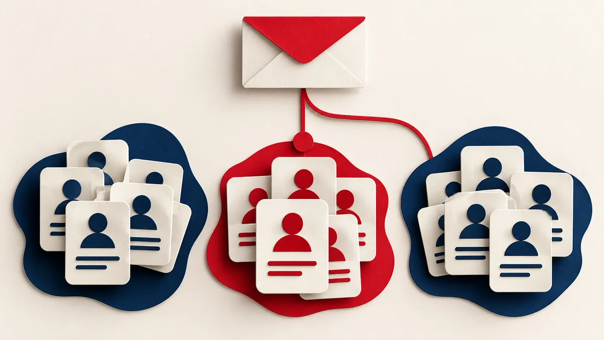 Illustration of grouped contact cards with an envelope connected to a selected group.