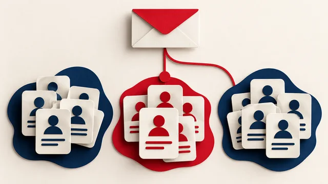 Illustration of grouped contact cards with an envelope connected to a selected group.