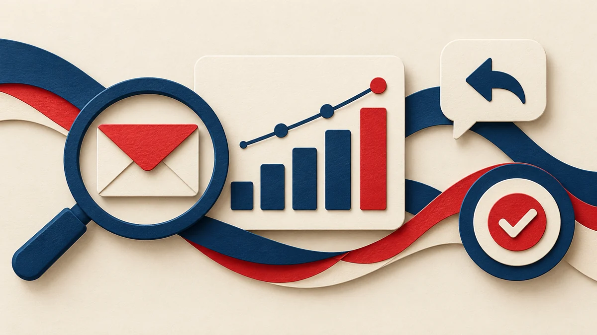 Paper illustration of email analytics, an envelope, magnifying glass, and reply bubble.