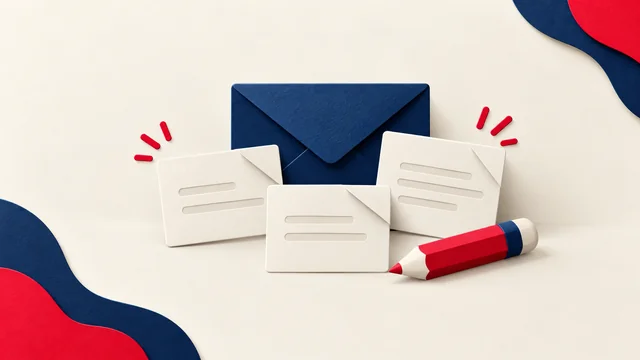 Three email draft cards with an envelope and editing pencil.