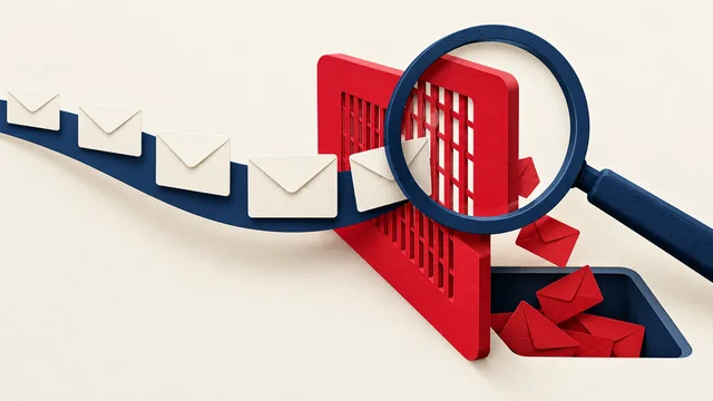 Illustration of envelopes approaching a filtering gate being inspected with a magnifying glass.