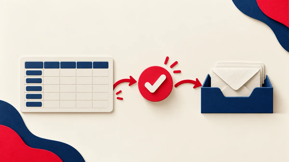 Spreadsheet passing a review check before an email campaign inbox.