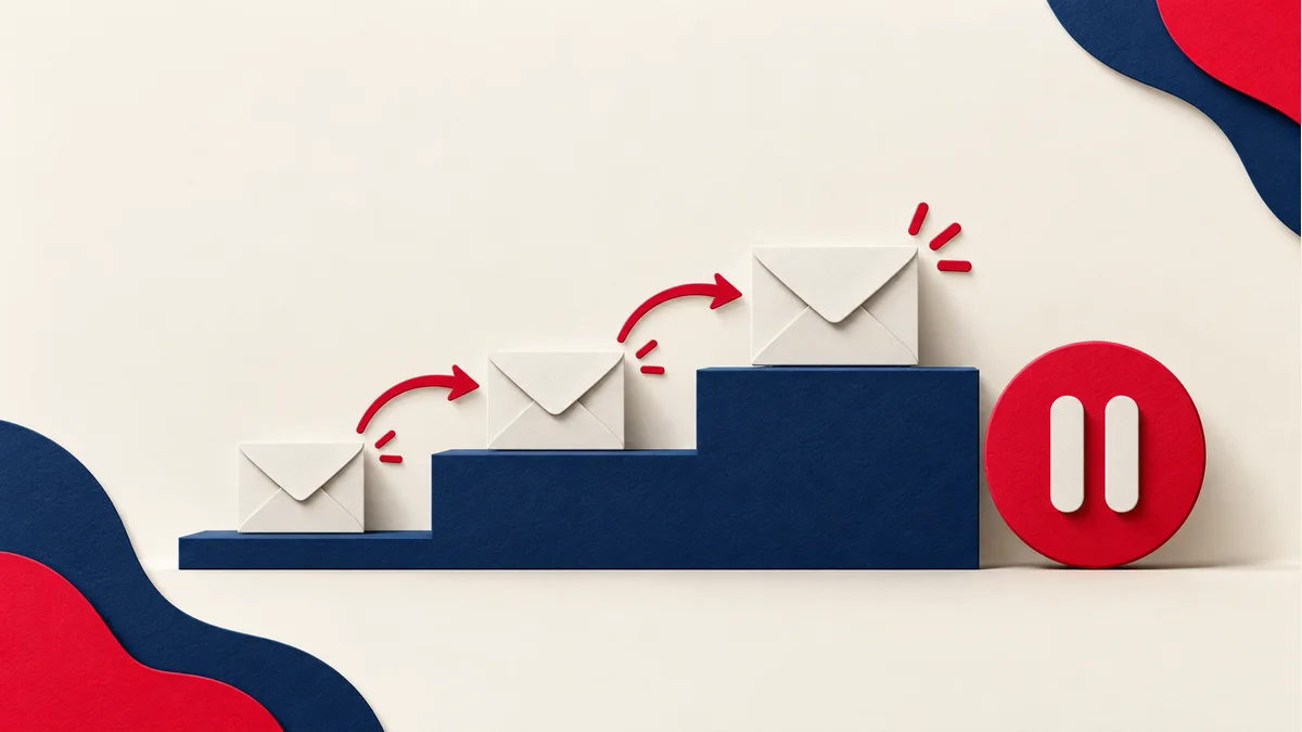 Illustration of envelopes progressing up gradual steps beside a pause control.