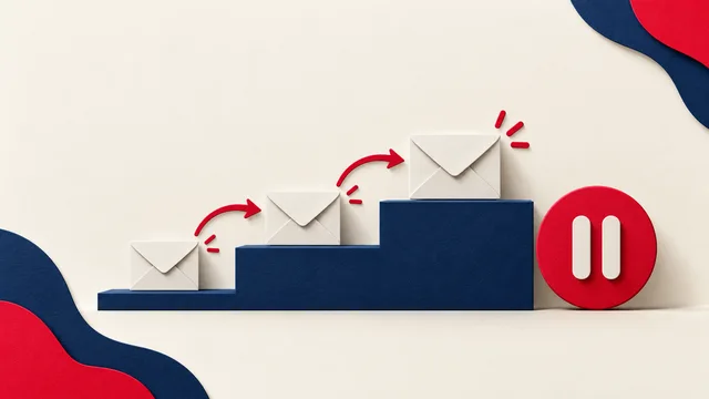 Illustration of envelopes progressing up gradual steps beside a pause control.