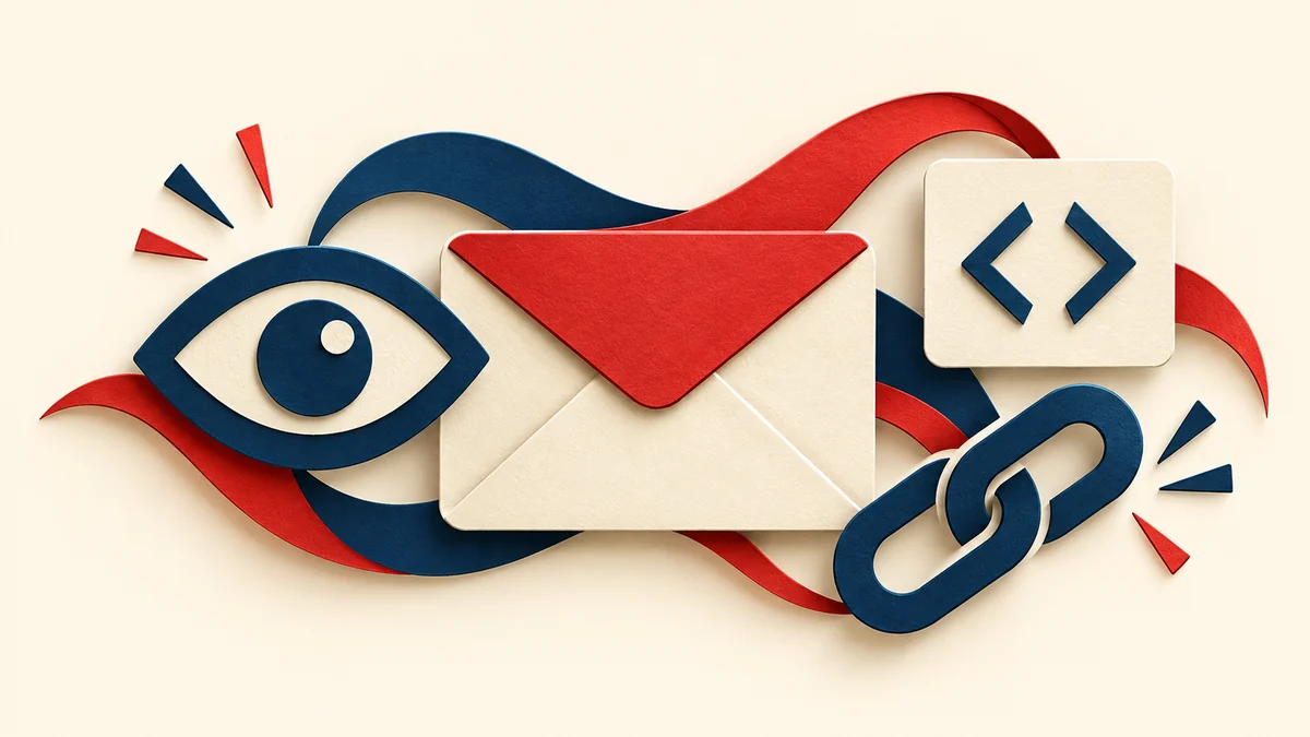 Layered paper illustration of an envelope, an eye, chain links, and HTML angle brackets.