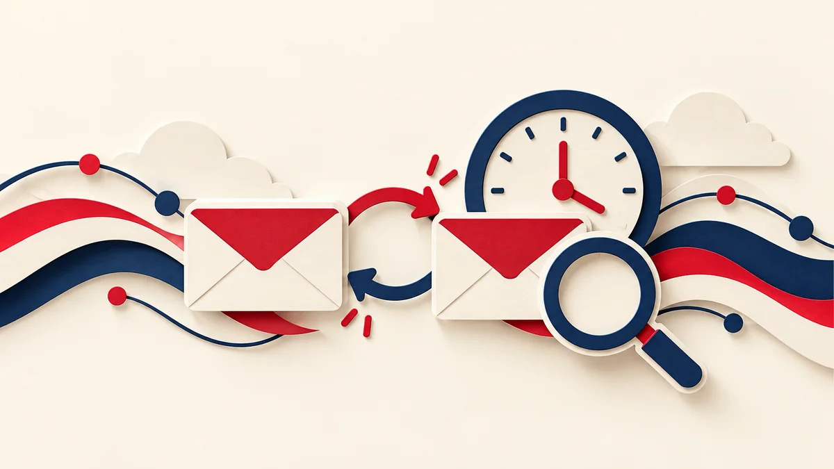 Paper-cut illustration of two email envelopes, a clock, and a magnifying glass.