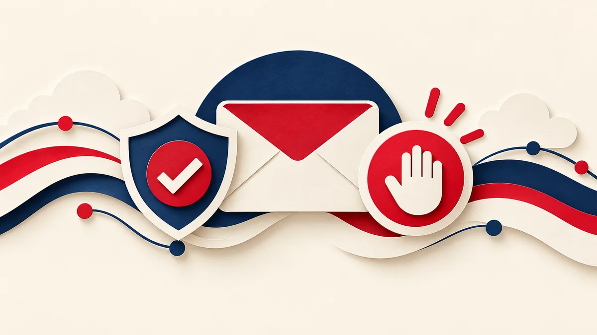 Paper-cut illustration of an email envelope, authentication shield, and opt-out control.