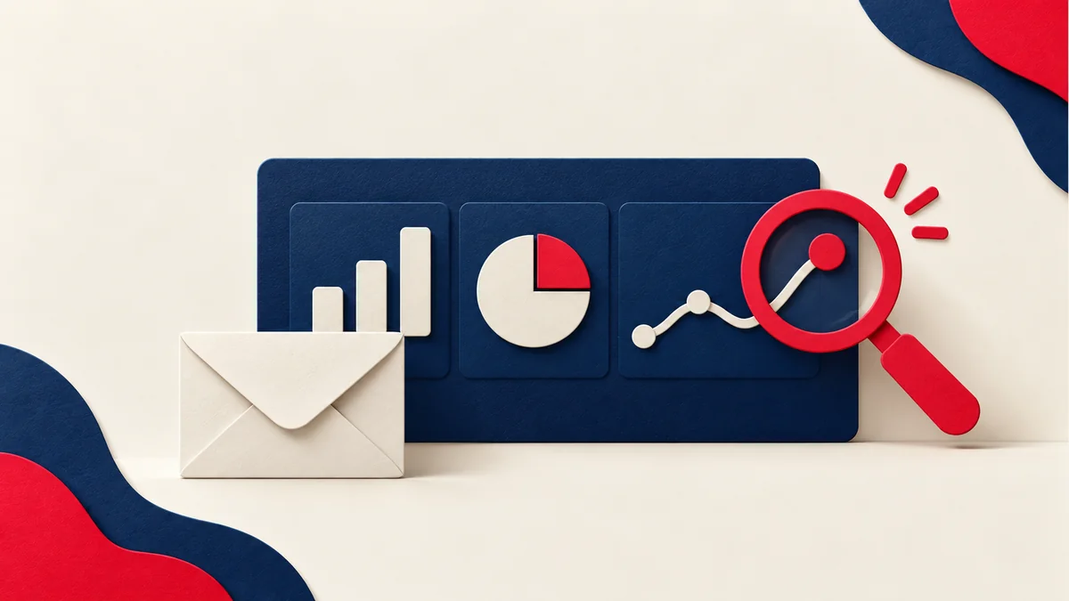 Paper dashboard, envelope and magnifying glass illustrating email delivery monitoring.