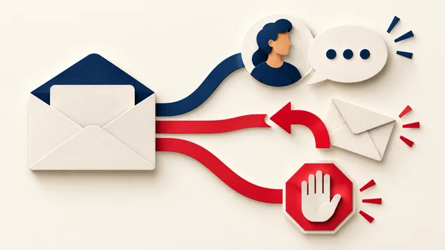 Illustration of an email workflow branching into reply, return, and stop symbols.