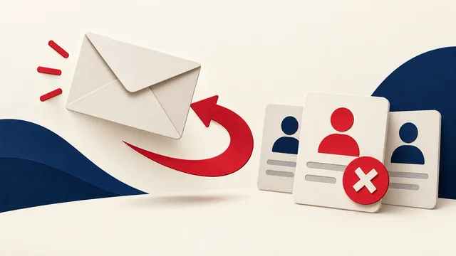 Illustration of a returned envelope beside contact cards and an invalid-address symbol.