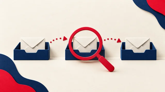 Three paper test inboxes with envelopes and a magnifying glass.