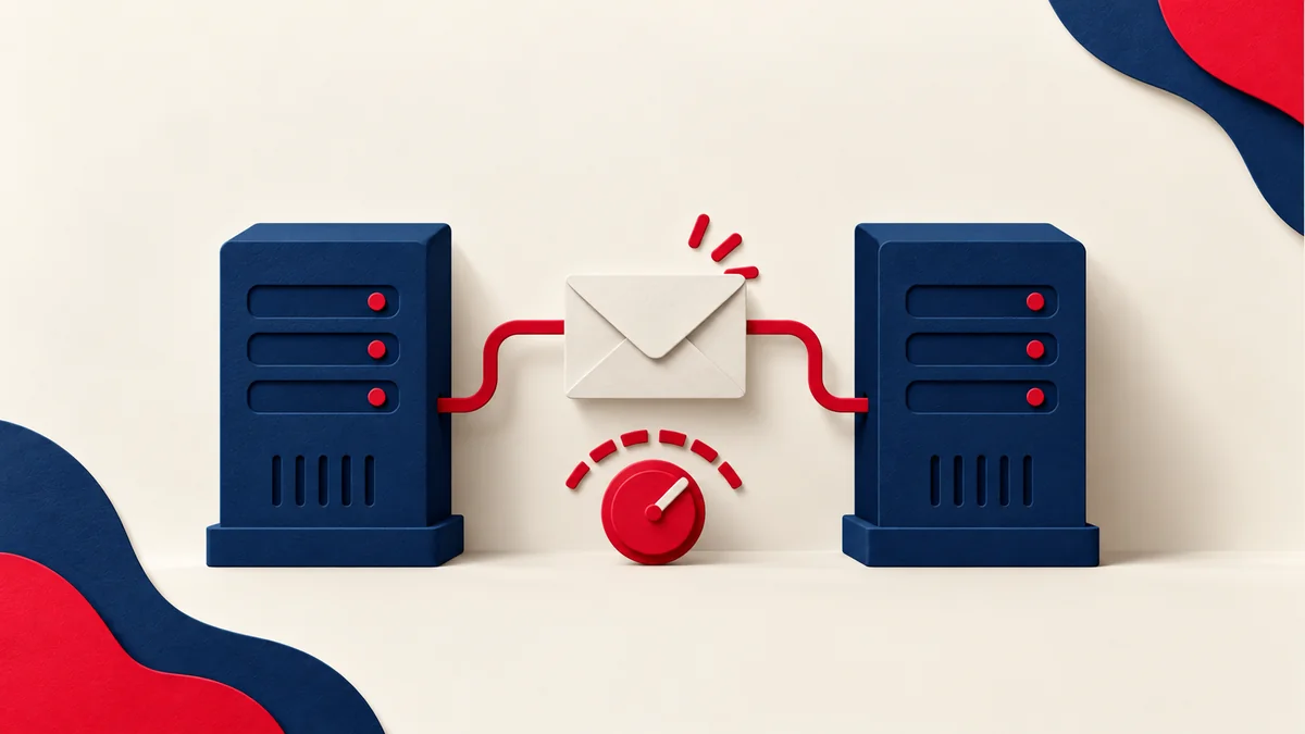 Two mail server towers connected by an envelope delivery route.