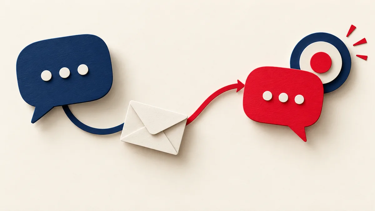 Illustration of an envelope connecting a target with conversation bubbles.