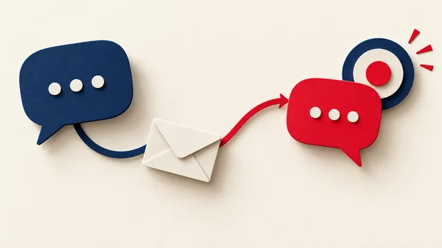 Illustration of an envelope connecting a target with conversation bubbles.