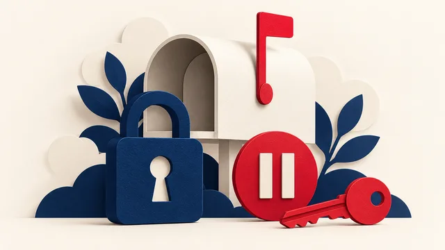 Illustration of a locked mailbox with a pause symbol and recovery key.