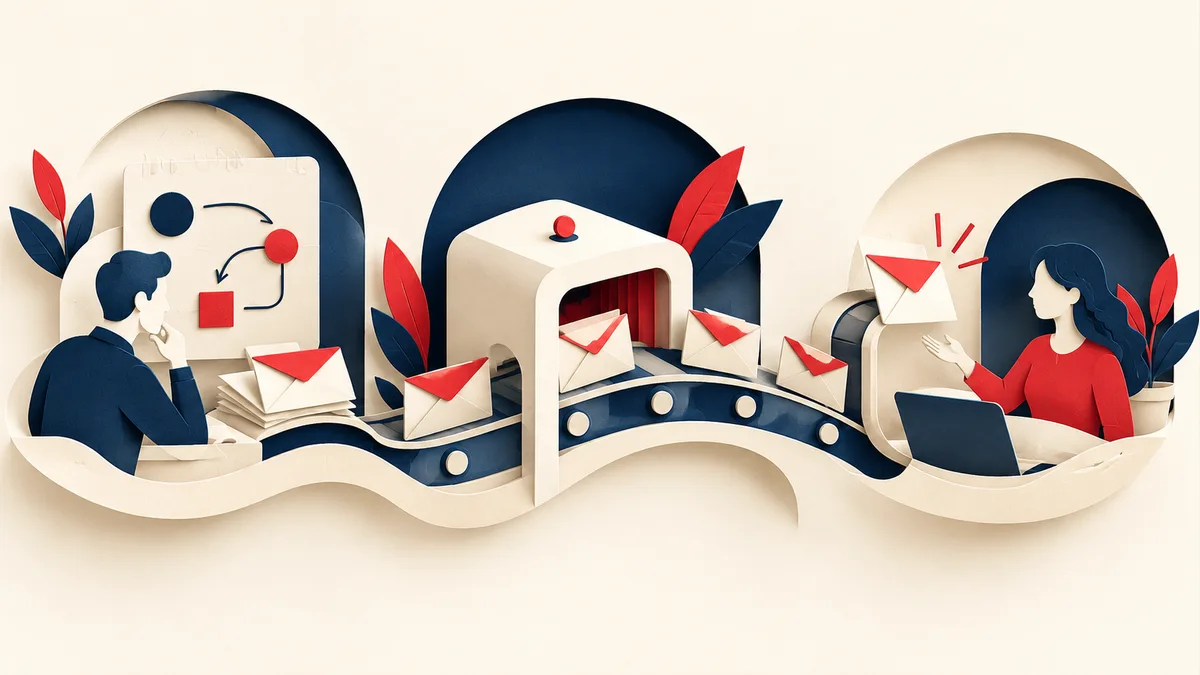 Illustration of envelopes moving through planning, sending, and human response stations.