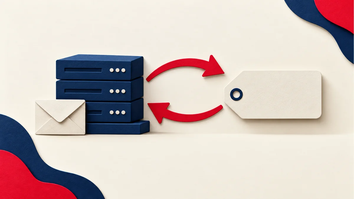 Paper mail server and hostname tag connected by two-way DNS lookup arrows.