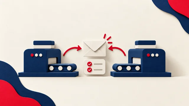 Two email delivery stations with an envelope and permission checklist.