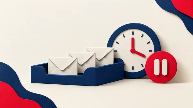 Paper envelopes waiting beside a clock and pause symbol.