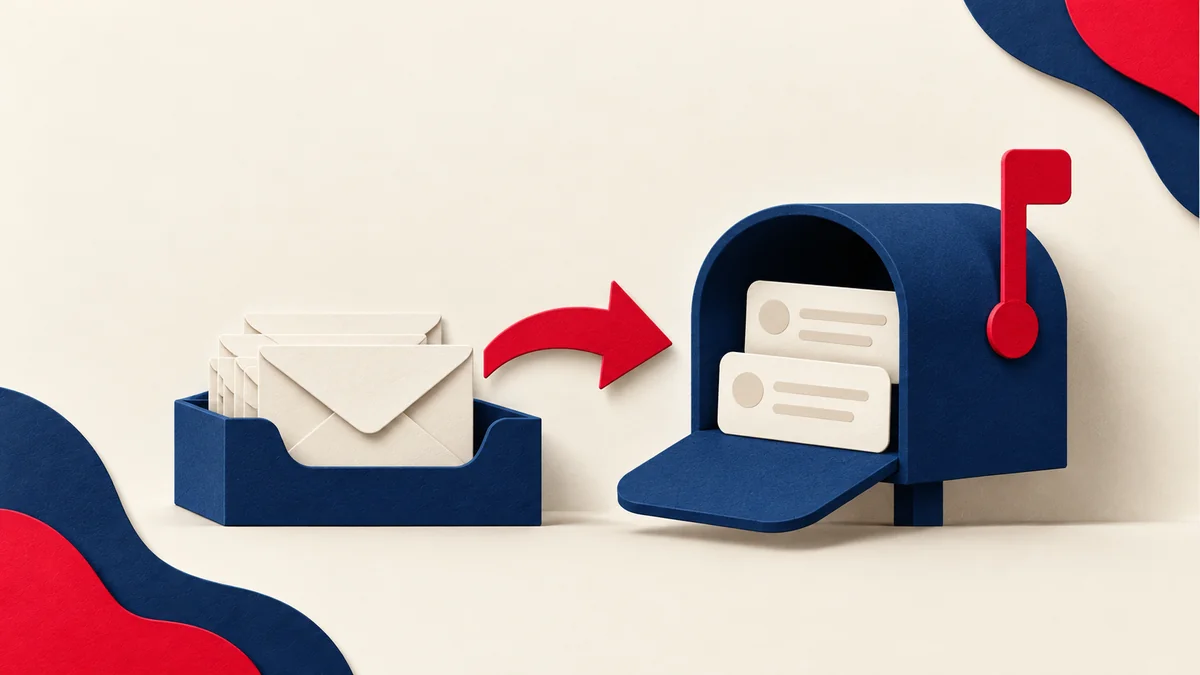 Outgoing mail tray and receiving mailbox illustrating separate email connections.