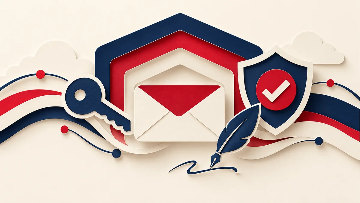 Illustration of an envelope protected by a key, a signature, and a shield.