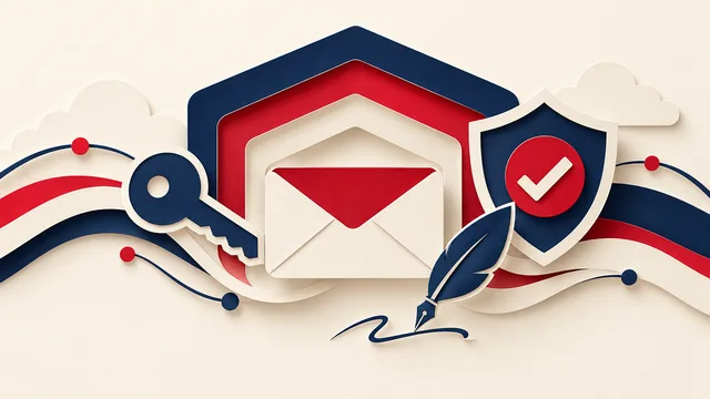 Illustration of an envelope protected by a key, a signature, and a shield.