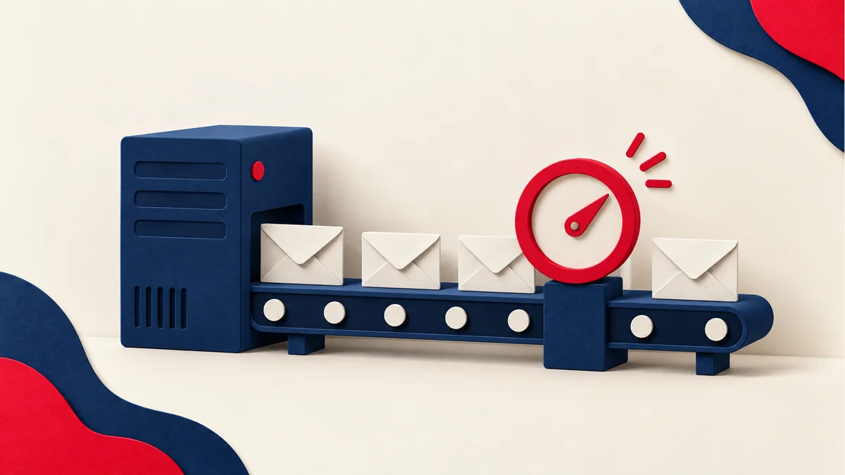 Email server feeding envelopes through a monitored queue.